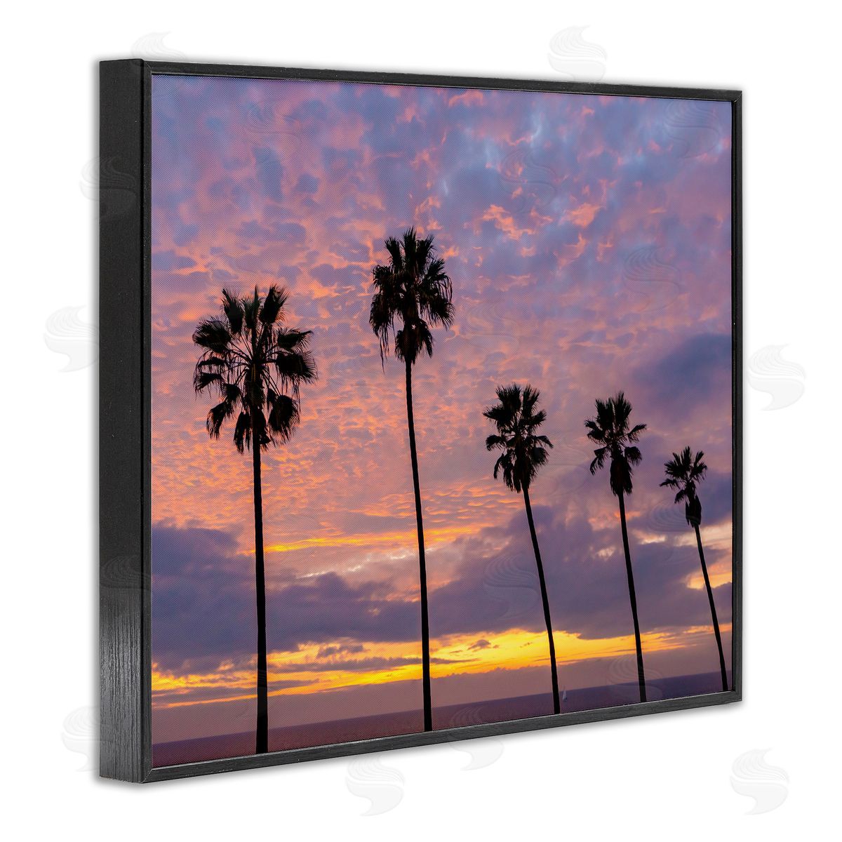 Jeff Poe Photography Purple Cloudy Sunset Tall Palm Tree Silhouettes  Black Framed Giclee Wall Art Print