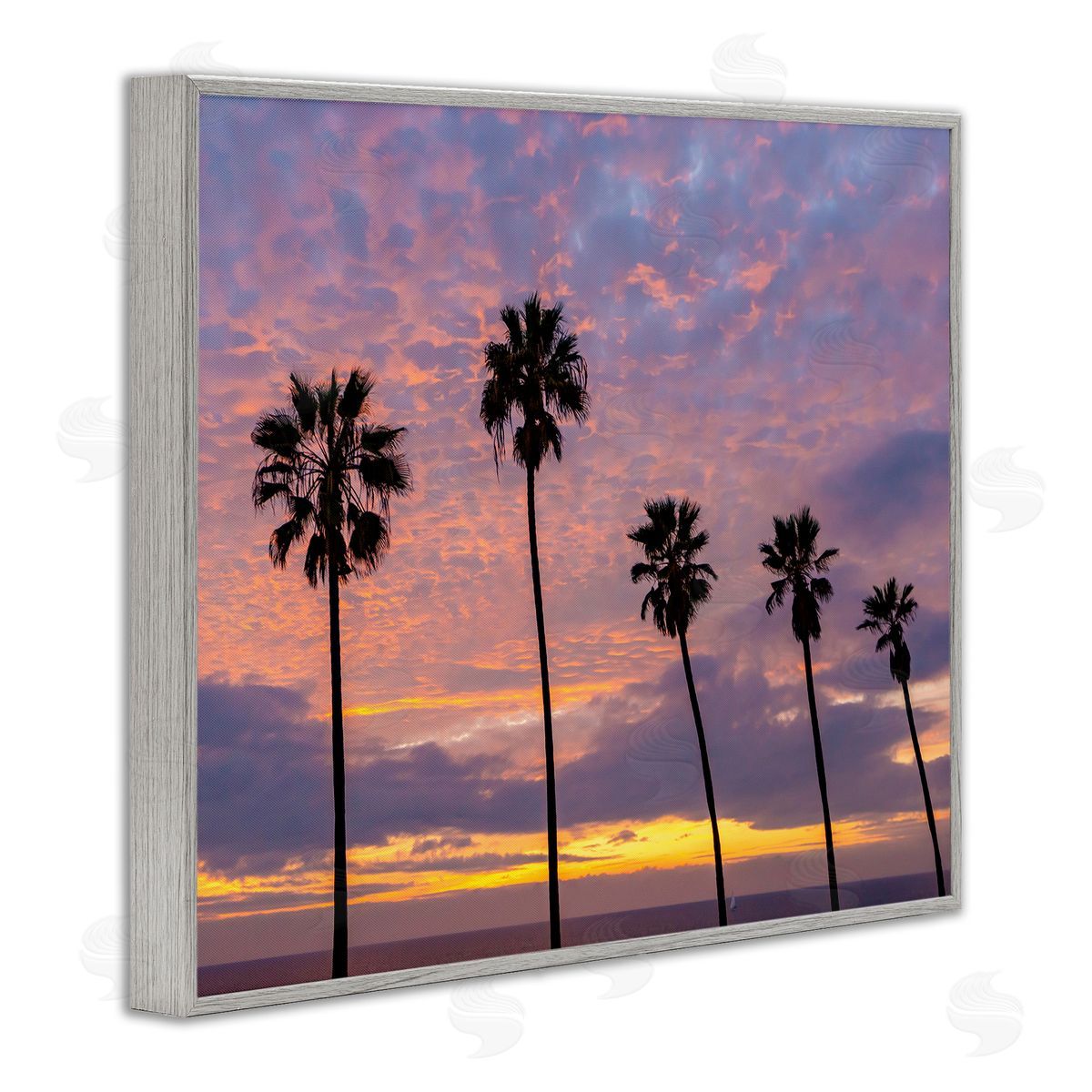 Jeff Poe Photography Purple Cloudy Sunset Tall Palm Tree Silhouettes  Gray Framed Giclee Wall Art Print