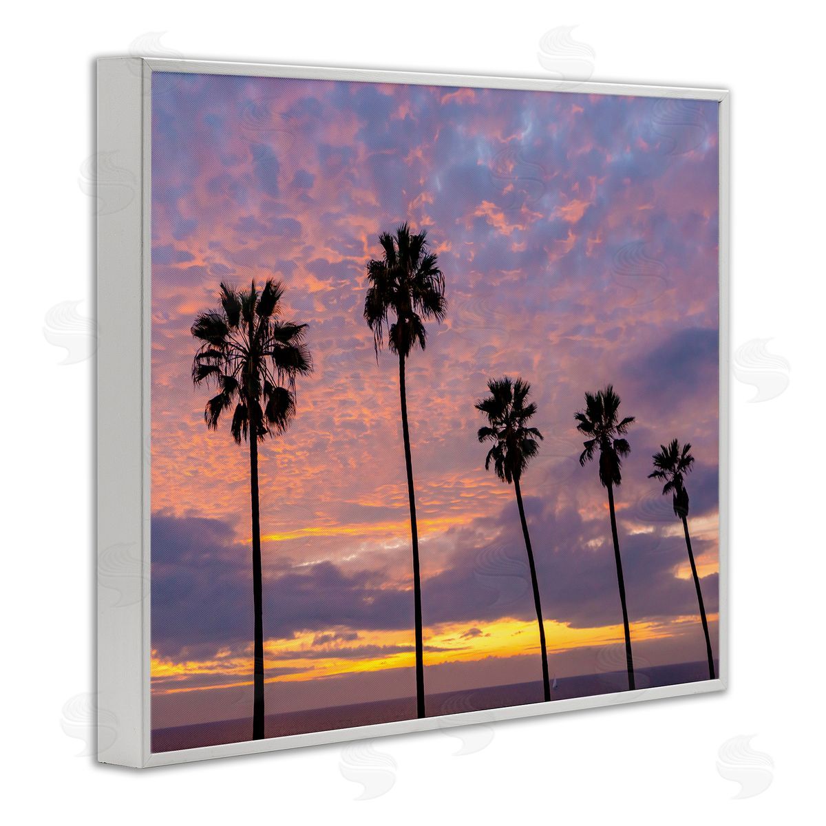 Jeff Poe Photography Purple Cloudy Sunset Tall Palm Tree Silhouettes  White Framed Giclee Wall Art Print