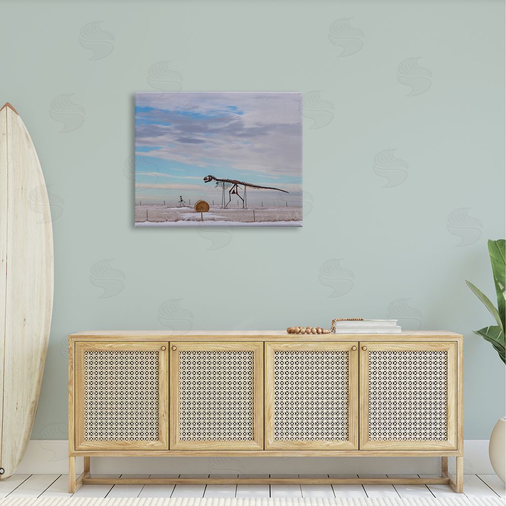 Jeff Poe Photography Person Walking Dinosaur Skeleton Beach Sand Dunes Canvas Wall Art Print in Room