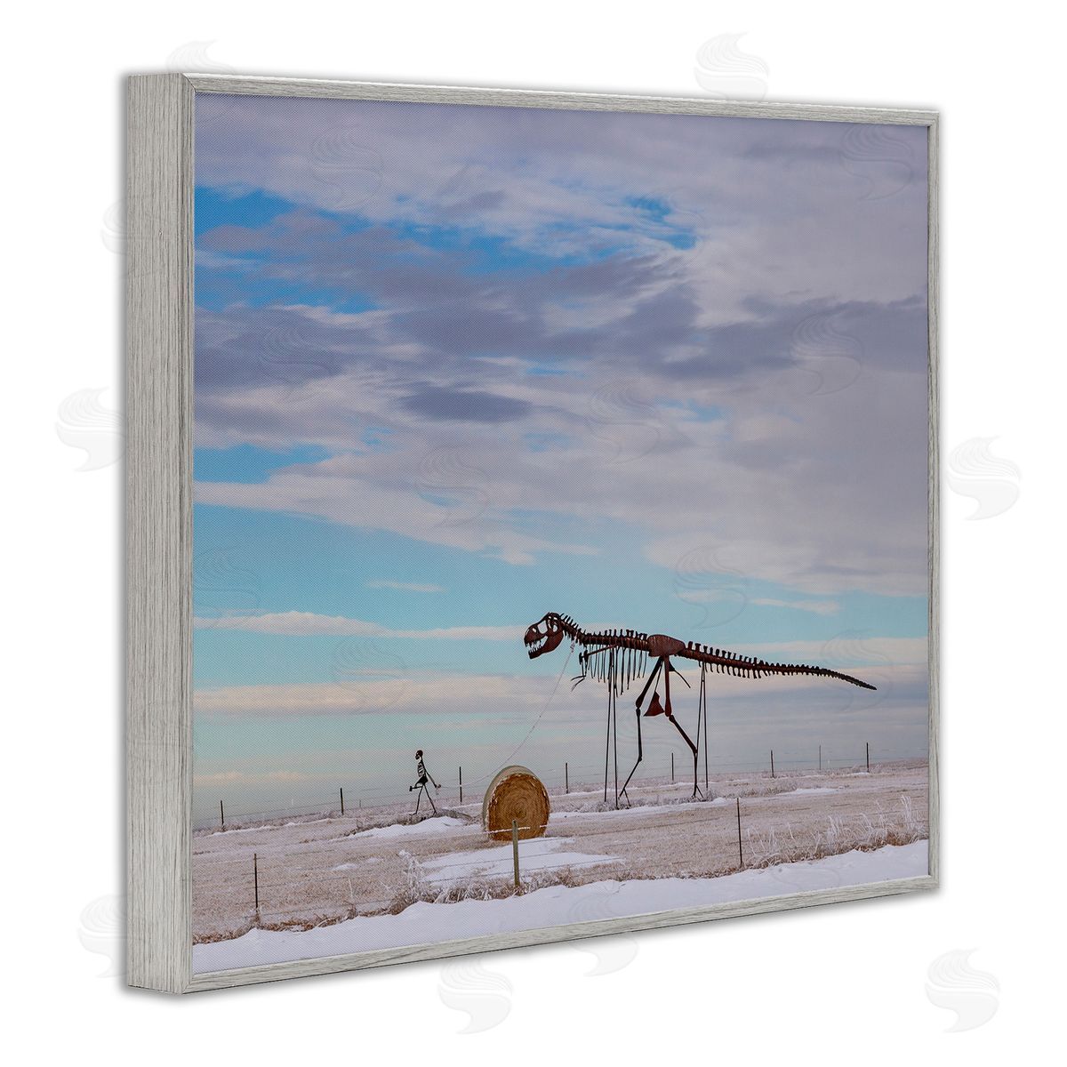 Jeff Poe Photography Person Walking Dinosaur Skeleton Beach Sand Dunes Gray Framed Giclee Wall Art Print