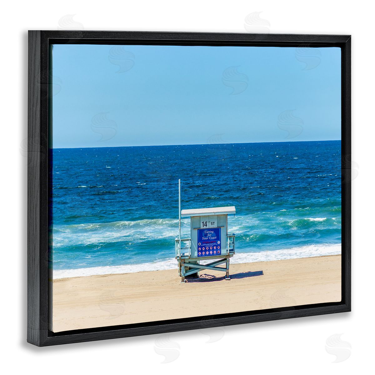 Jeff Poe Photography Vivid Blue Beach Water Waves Coastline Hut  Black Floating Frame Canvas Wall Art Print