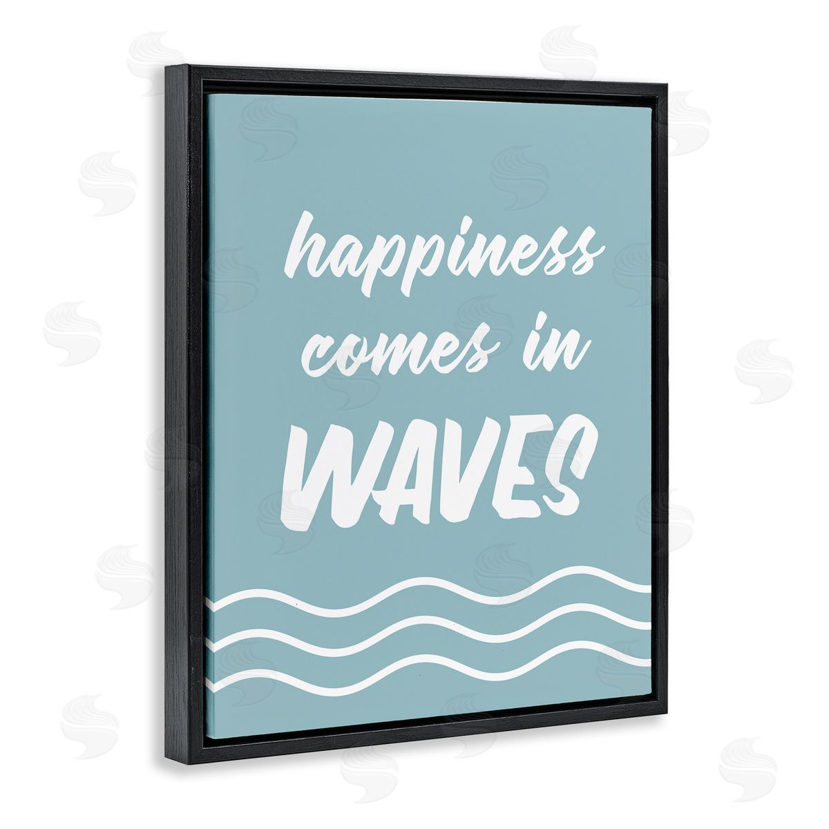 Lettered and Lined Happiness Beach Water Waves Uplifting Cursive Phrase Black Floating Frame Canvas Wall Art Print