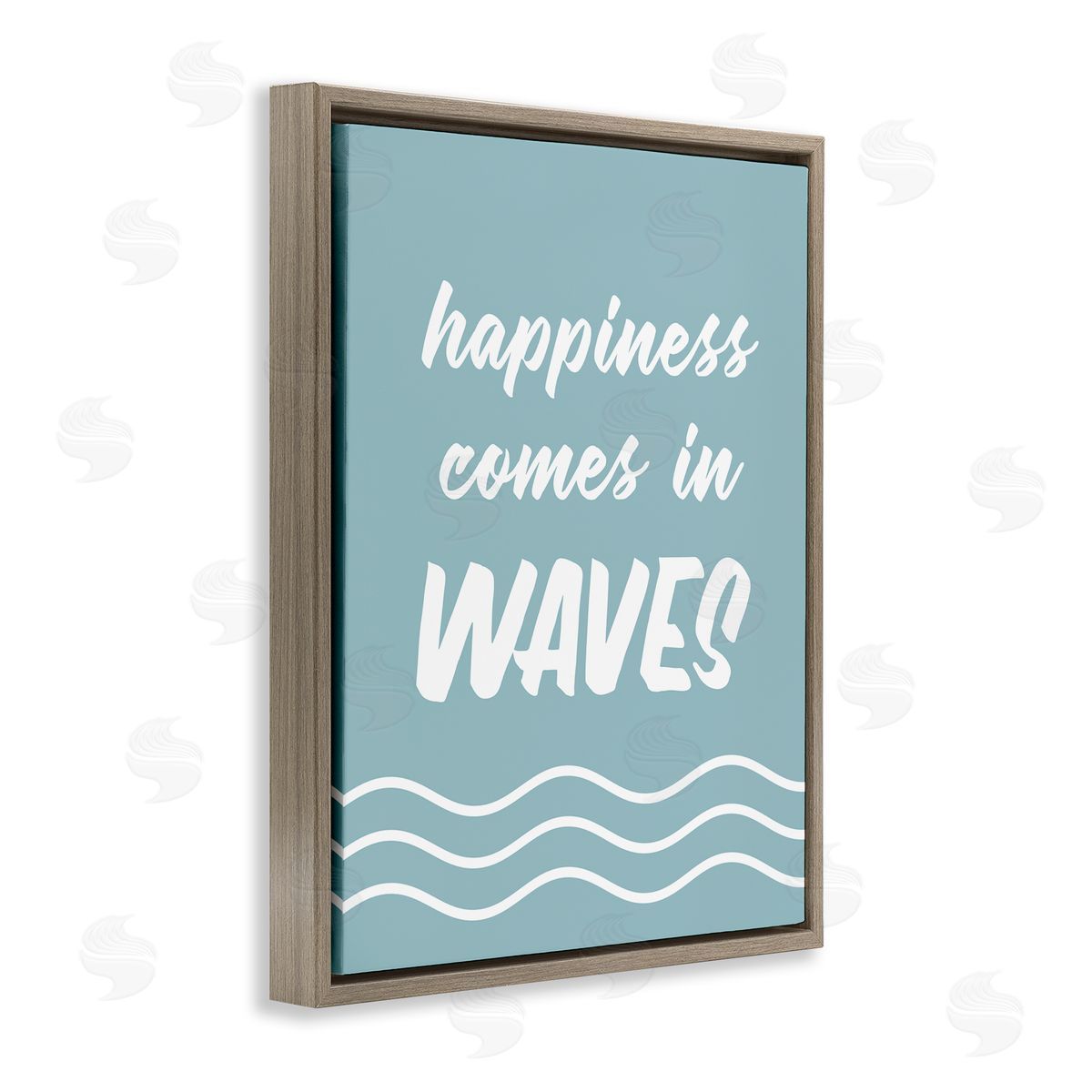 Lettered and Lined Happiness Beach Water Waves Uplifting Cursive Phrase Brown Floating Frame Canvas Wall Art Print