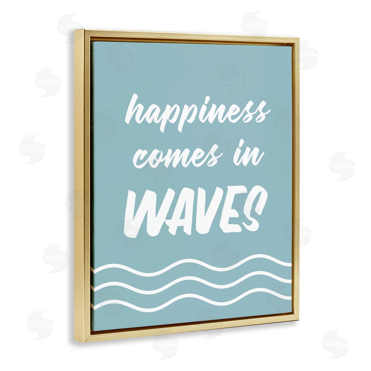 Lettered and Lined Happiness Beach Water Waves Uplifting Cursive Phrase Gold Floating Frame Canvas Wall Art Print