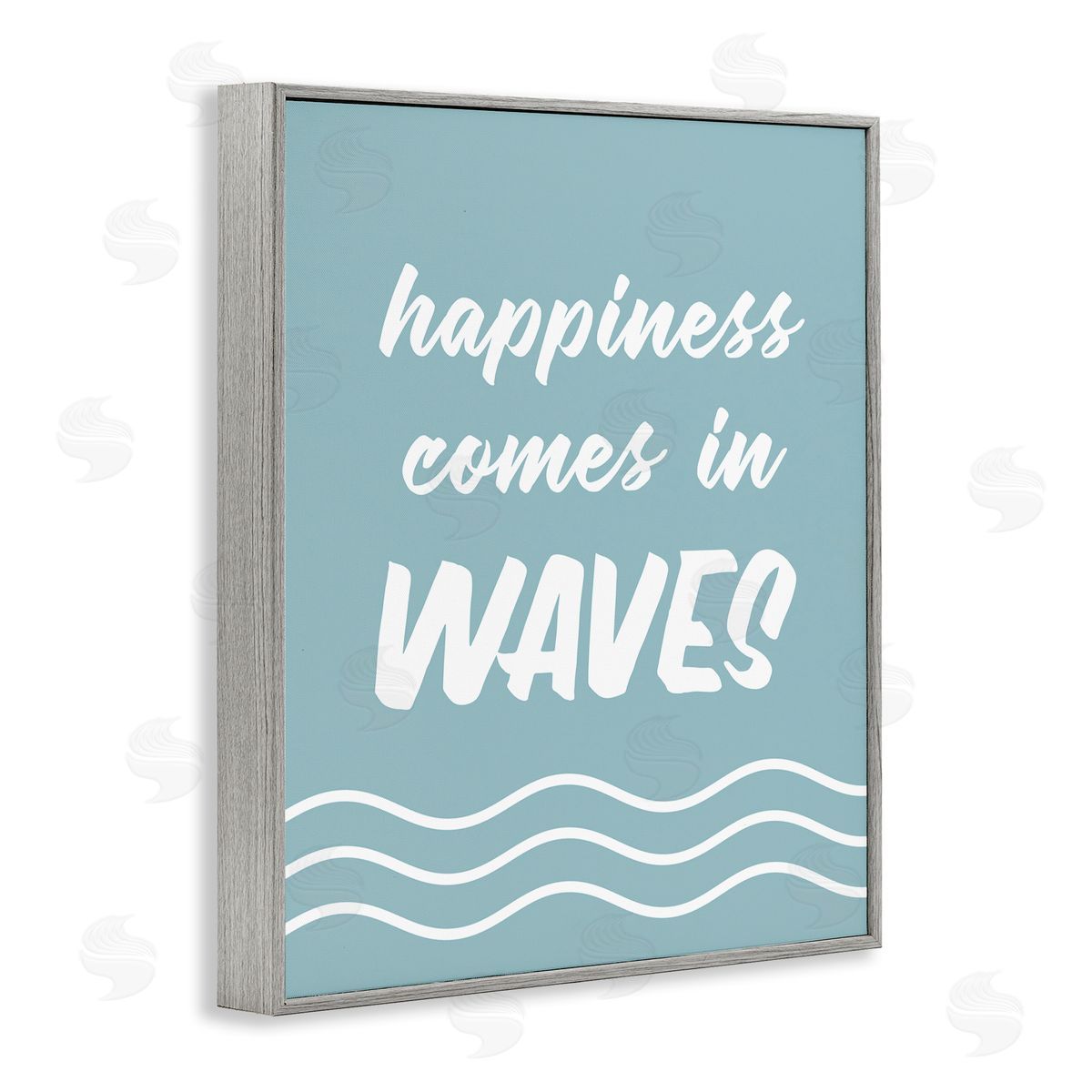 Lettered and Lined Happiness Beach Water Waves Uplifting Cursive Phrase Gray Framed Giclee Wall Art Print
