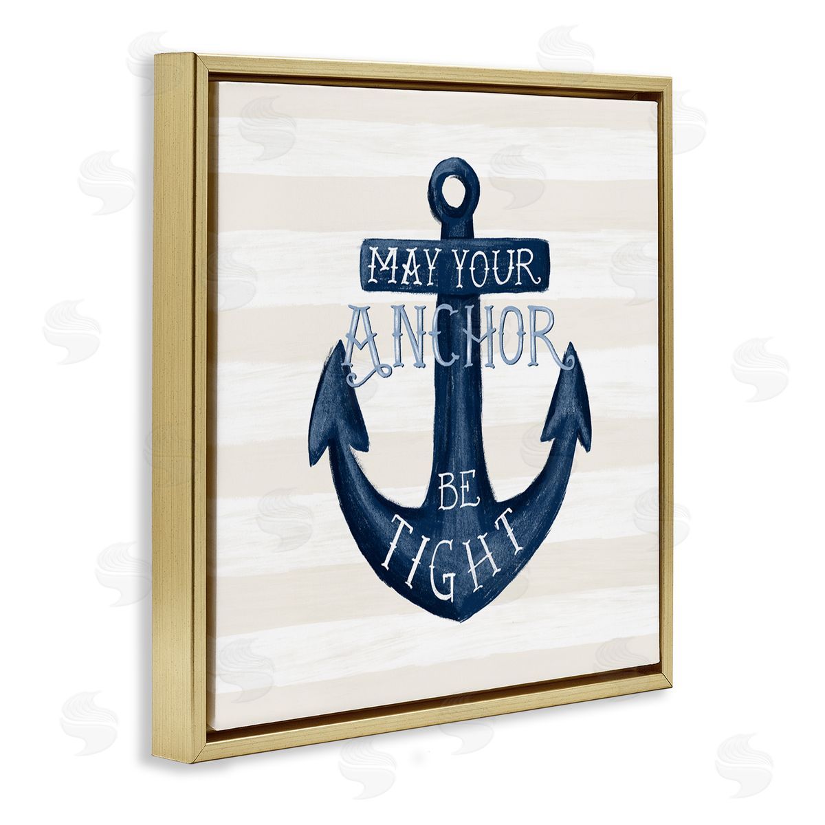 Raquel Maciel Striped Anchor Phrase Nautical Beach Illustration Gold Floating Frame Canvas Wall Art Print