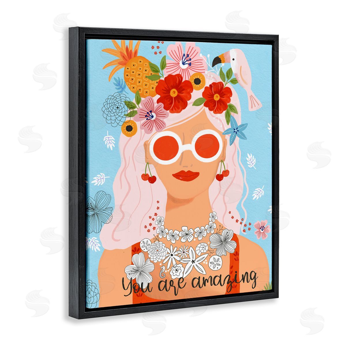 Sharon Lee You Are Amazing Motivational Floral Woman Portrait Black Floating Frame Canvas Wall Art Print