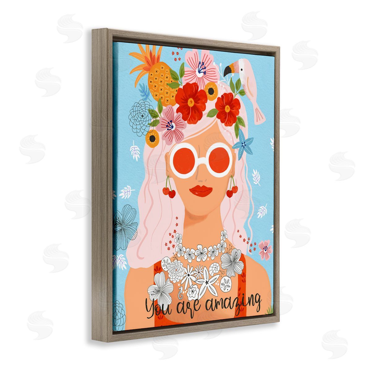 Sharon Lee You Are Amazing Motivational Floral Woman Portrait Brown Floating Frame Canvas Wall Art Print