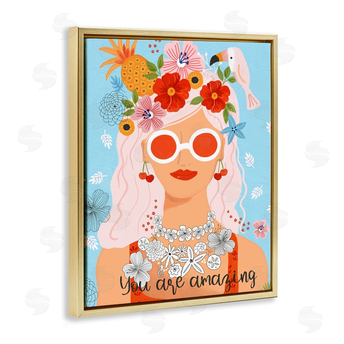 Sharon Lee You Are Amazing Motivational Floral Woman Portrait Gold Floating Frame Canvas Wall Art Print