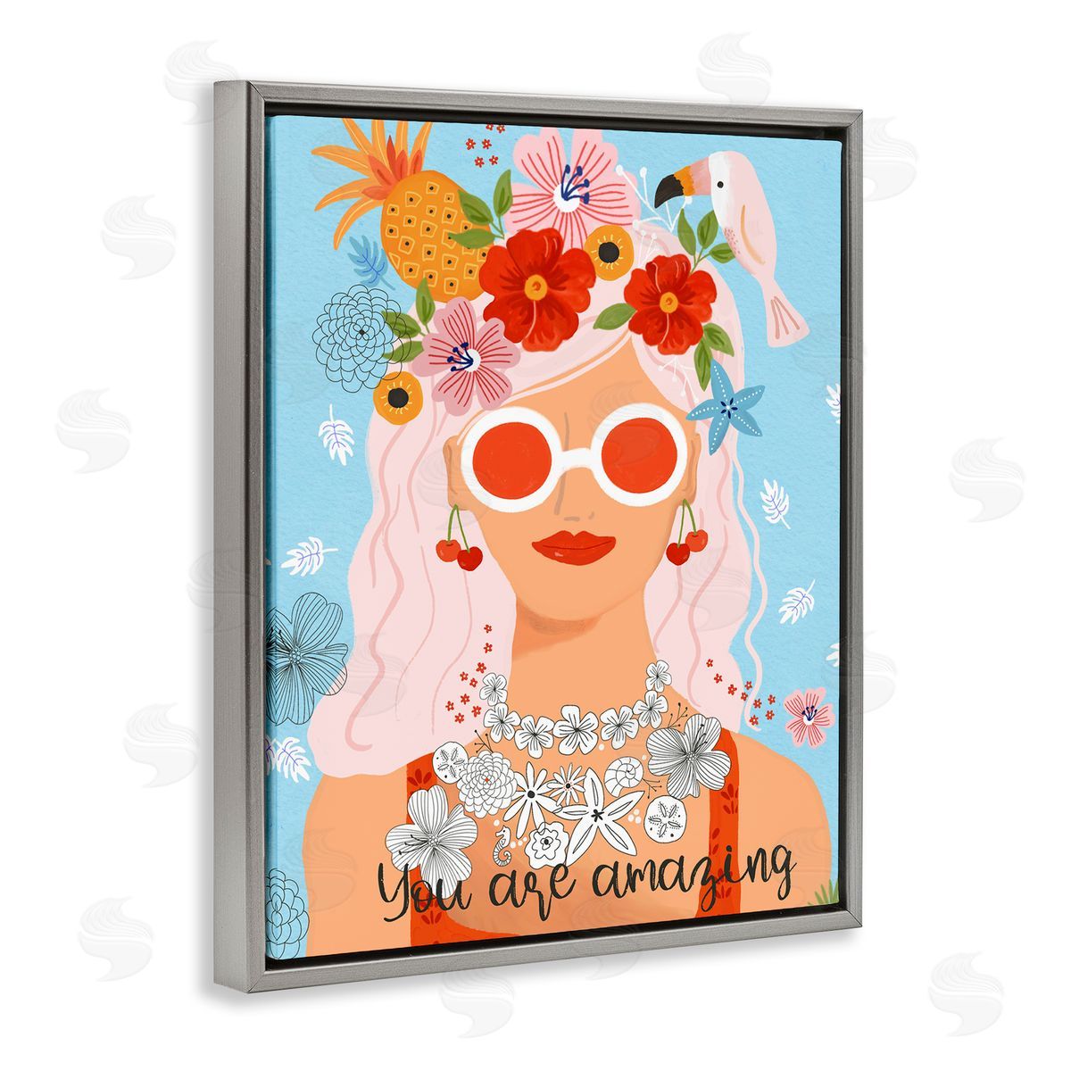 Sharon Lee You Are Amazing Motivational Floral Woman Portrait Gray Floating Frame Canvas Wall Art Print