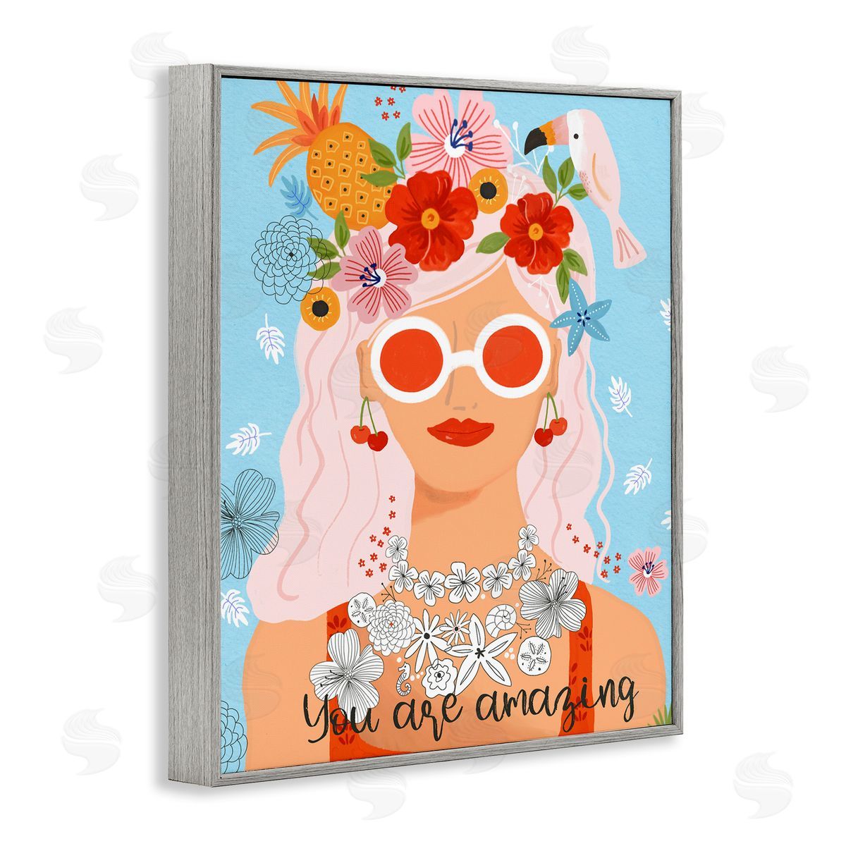 Sharon Lee You Are Amazing Motivational Floral Woman Portrait Gray Framed Giclee Wall Art Print