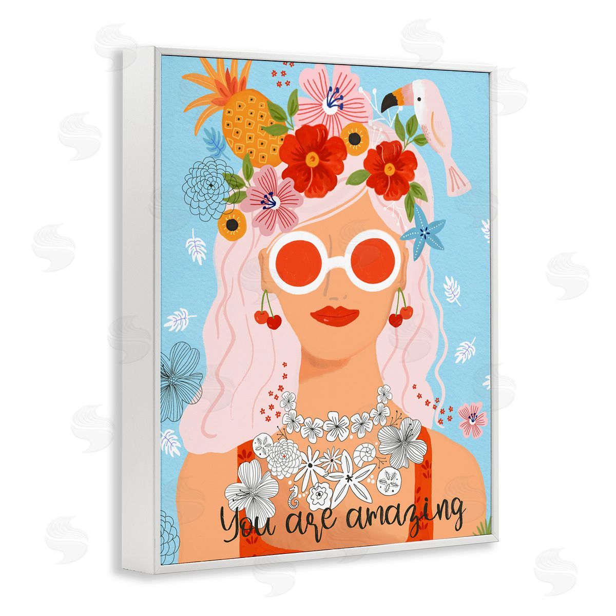 Sharon Lee You Are Amazing Motivational Floral Woman Portrait White Framed Giclee Wall Art Print