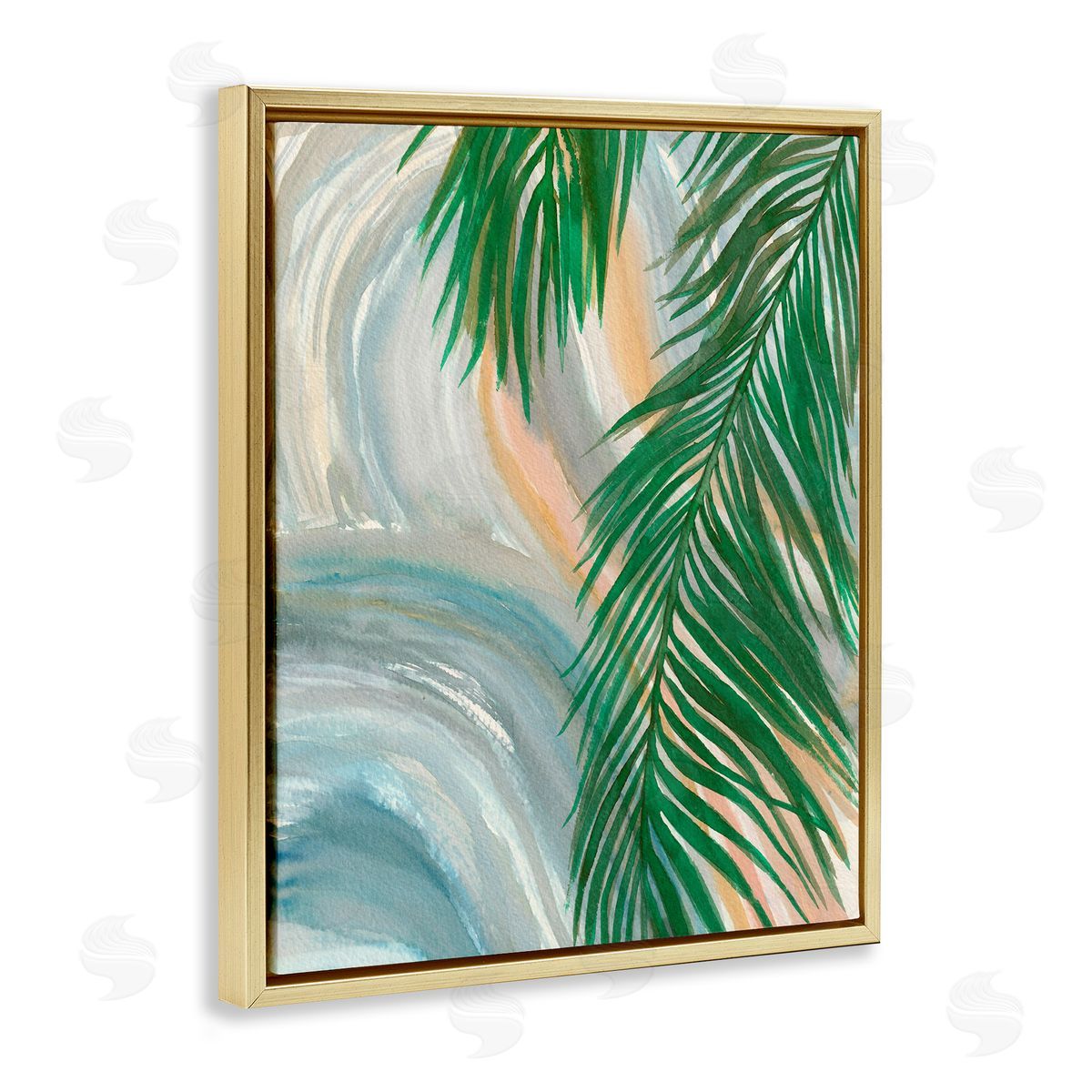 Elvira Errico Tropical Palm Tree Leaves Close Up Swirl Pattern  Gold Floating Frame Canvas Wall Art Print