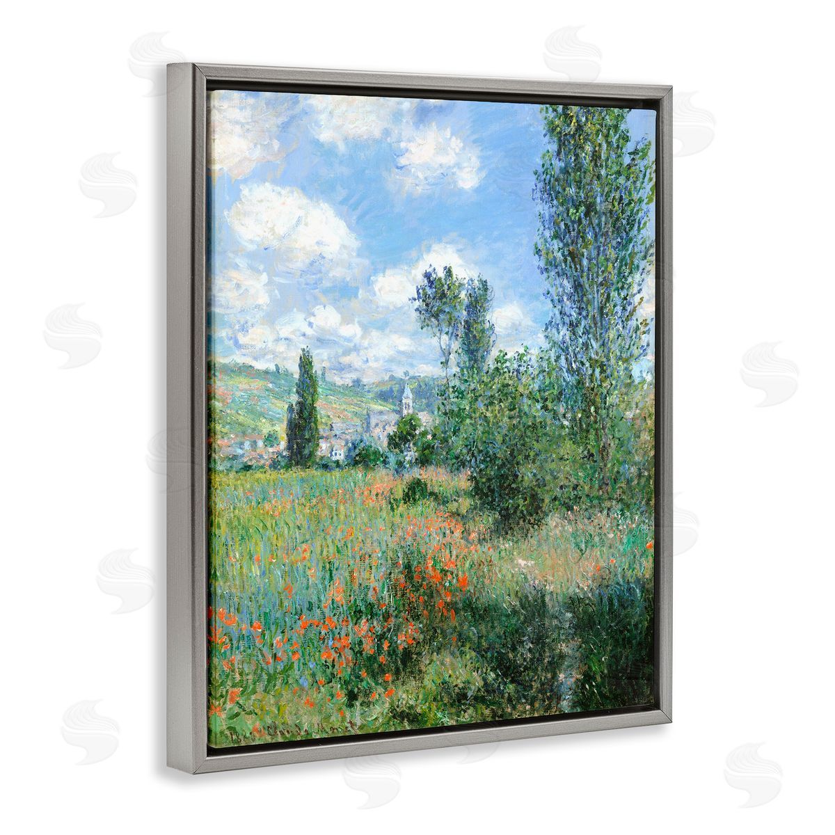 Lettered and Lined Classic Field Flowers Rural Impressionist Painting Gray Floating Frame Canvas Wall Art Print