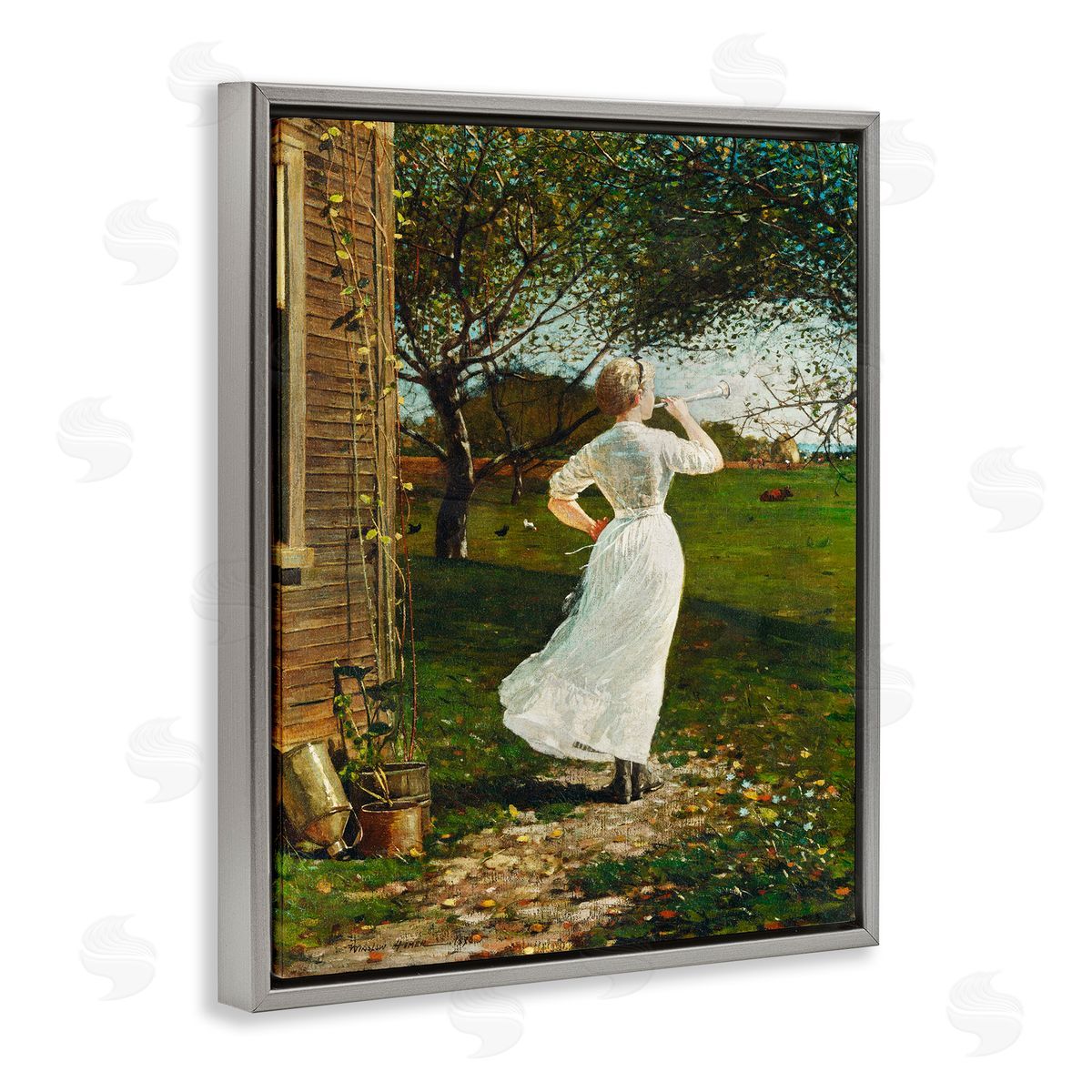 Lettered and Lined Classic Woman Instrument Rural Vintage House Painting Gray Floating Frame Canvas Wall Art Print
