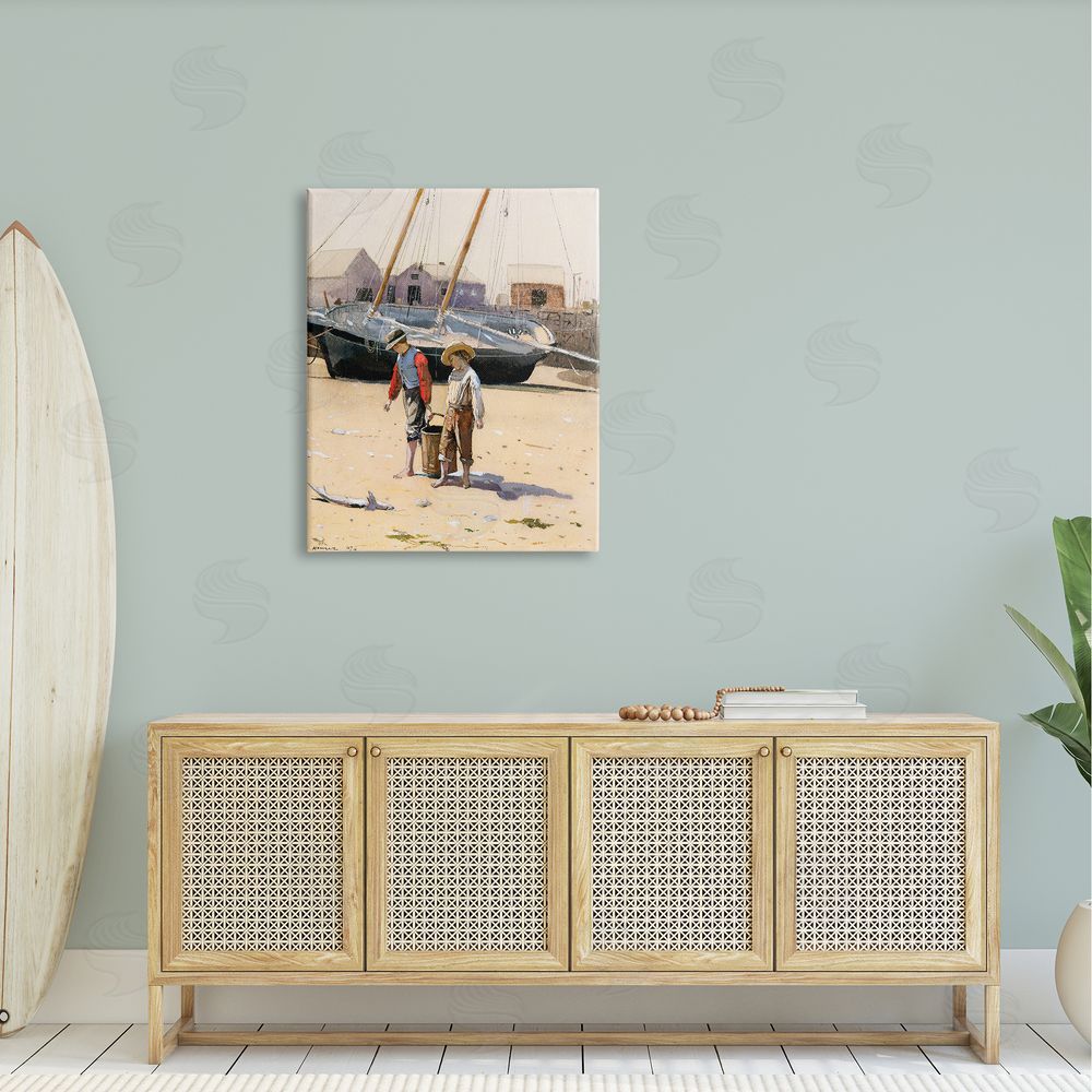 Lettered and Lined Old Fashioned Man Woman Walking Beach Marina  Canvas Wall Art Print in Room