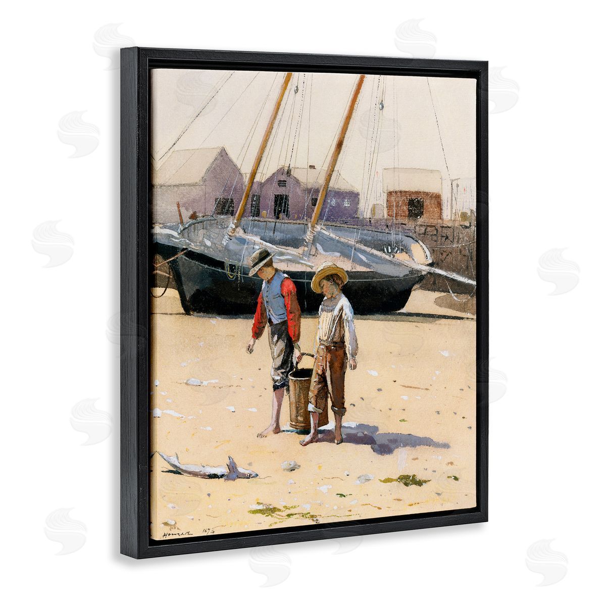 Lettered and Lined Old Fashioned Man Woman Walking Beach Marina  Black Floating Frame Canvas Wall Art Print