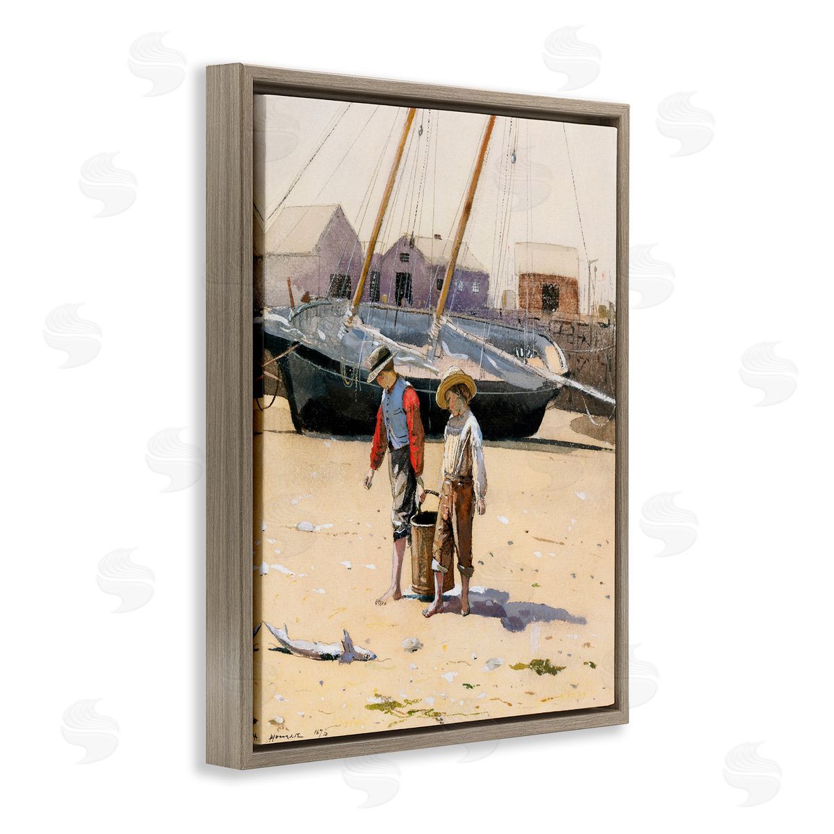 Lettered and Lined Old Fashioned Man Woman Walking Beach Marina  Brown Floating Frame Canvas Wall Art Print