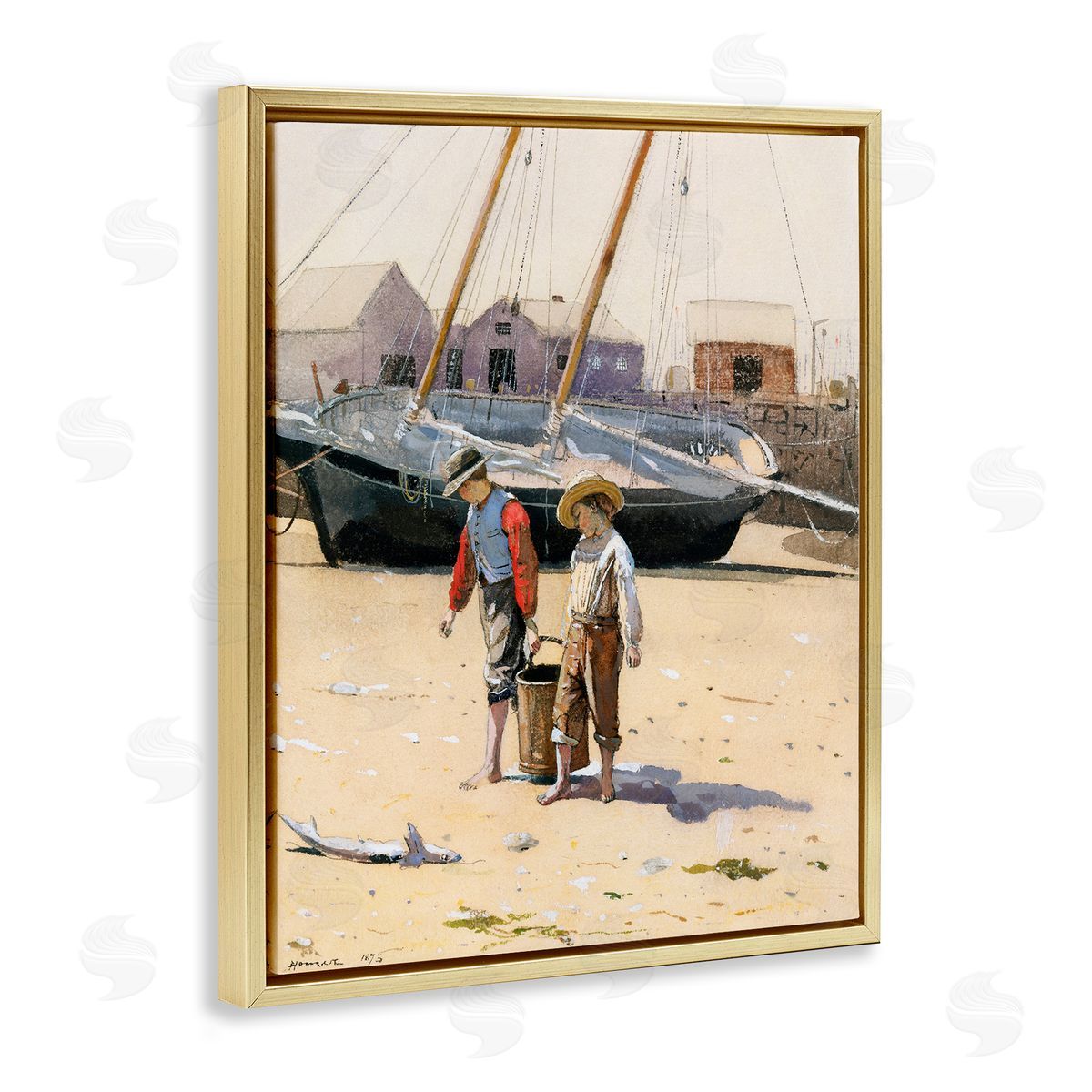 Lettered and Lined Old Fashioned Man Woman Walking Beach Marina  Gold Floating Frame Canvas Wall Art Print