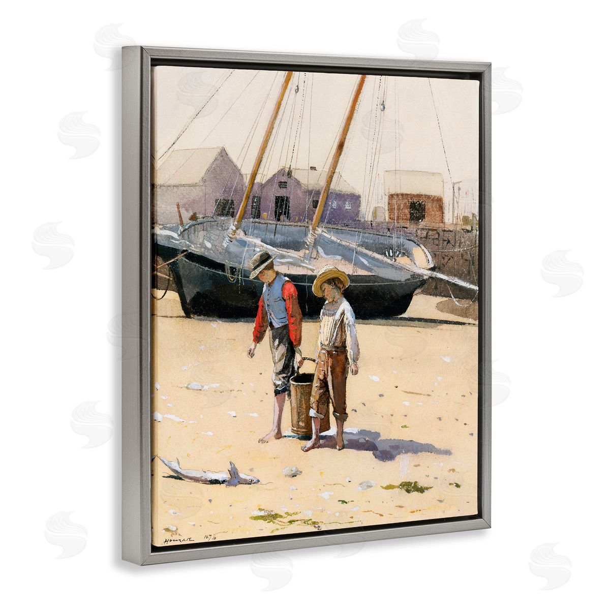 Lettered and Lined Old Fashioned Man Woman Walking Beach Marina  Gray Floating Frame Canvas Wall Art Print