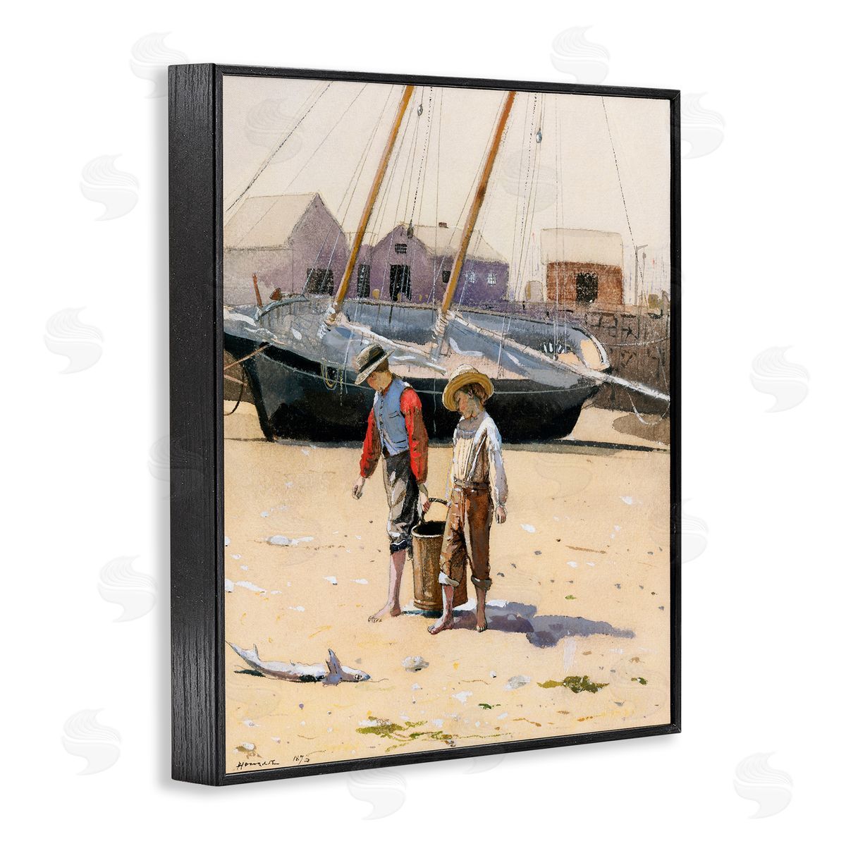 Lettered and Lined Old Fashioned Man Woman Walking Beach Marina  Black Framed Giclee Wall Art Print