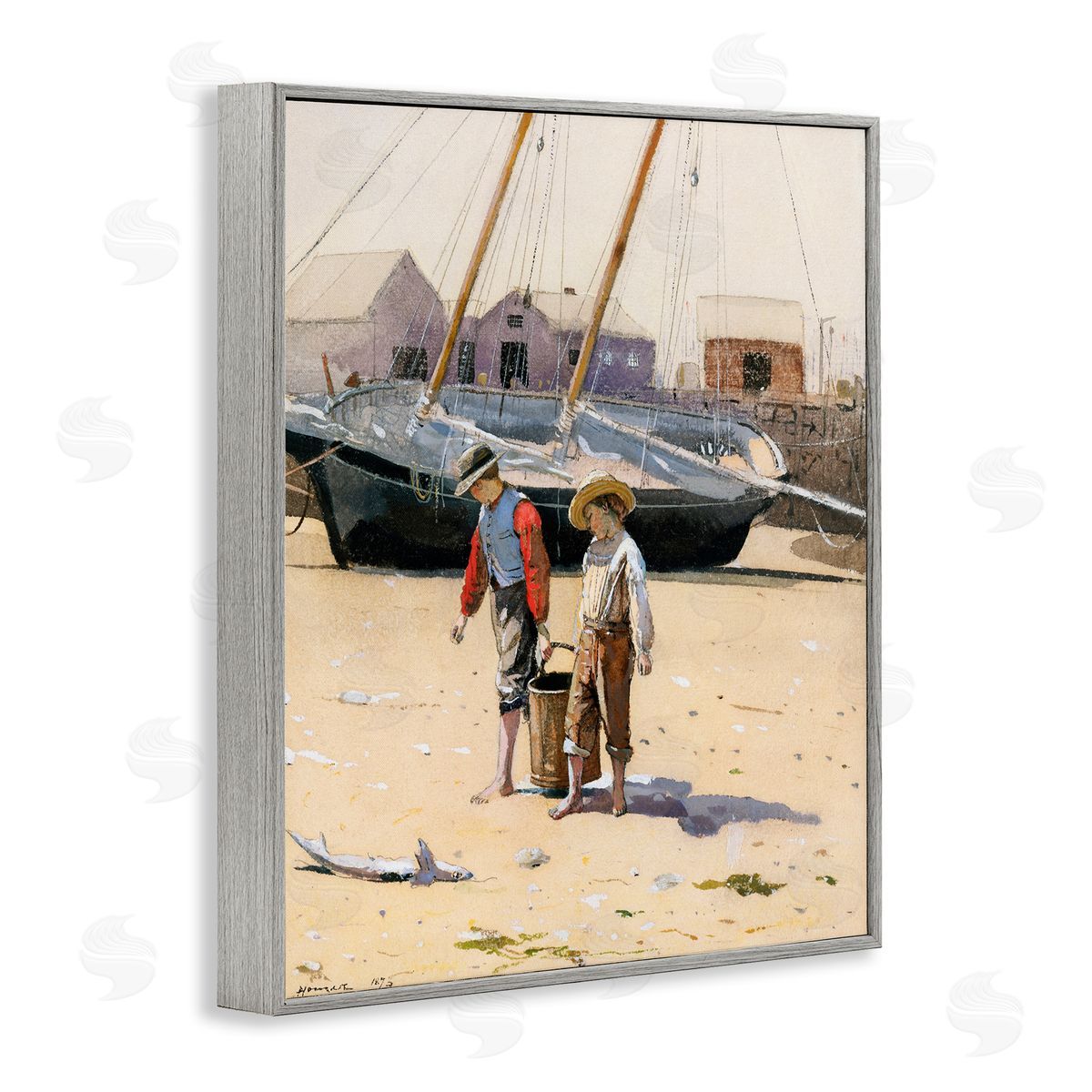 Lettered and Lined Old Fashioned Man Woman Walking Beach Marina  Gray Framed Giclee Wall Art Print