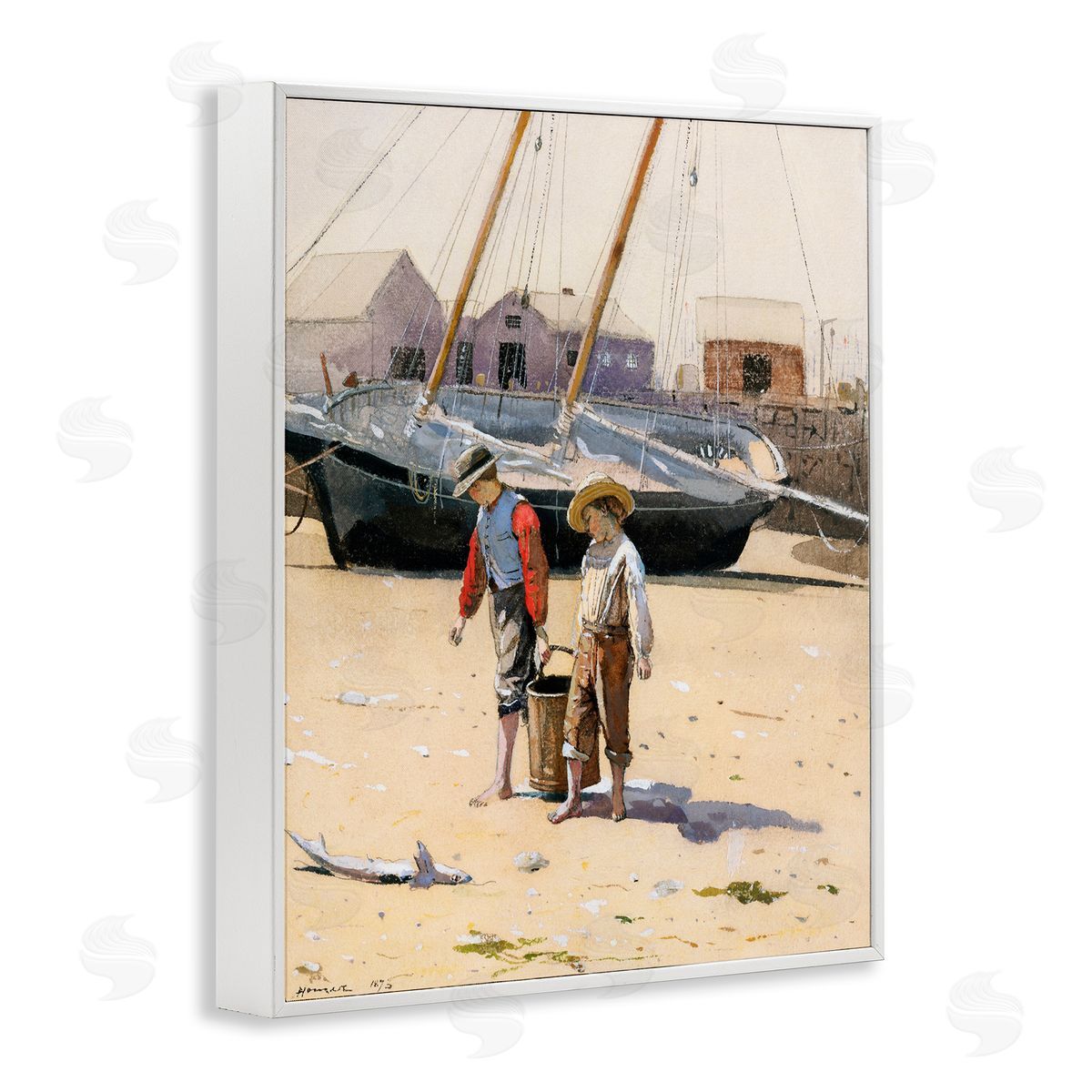 Lettered and Lined Old Fashioned Man Woman Walking Beach Marina  White Framed Giclee Wall Art Print