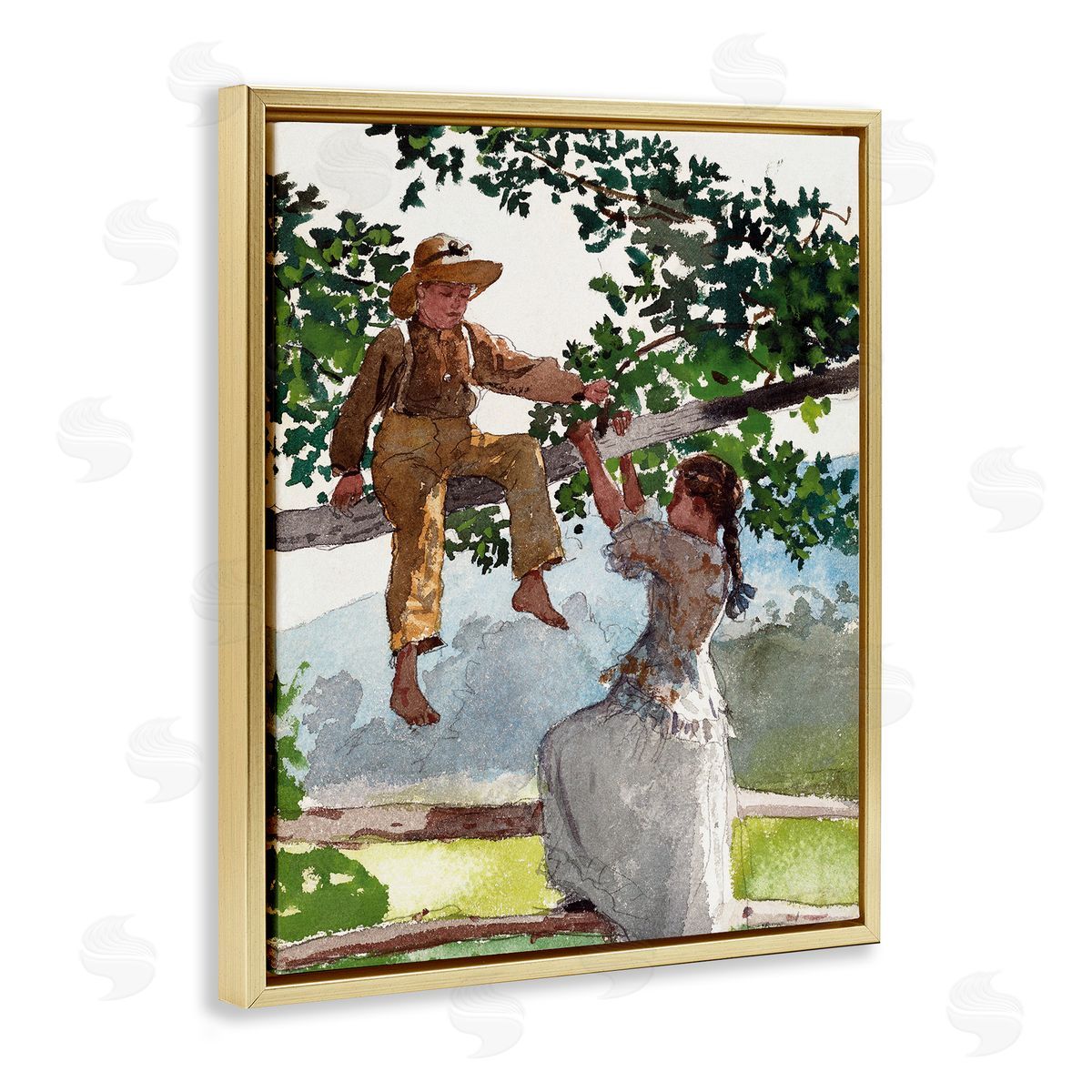 Lettered and Lined Children Playing Climbing Tree Traditional Clothing Gold Floating Frame Canvas Wall Art Print
