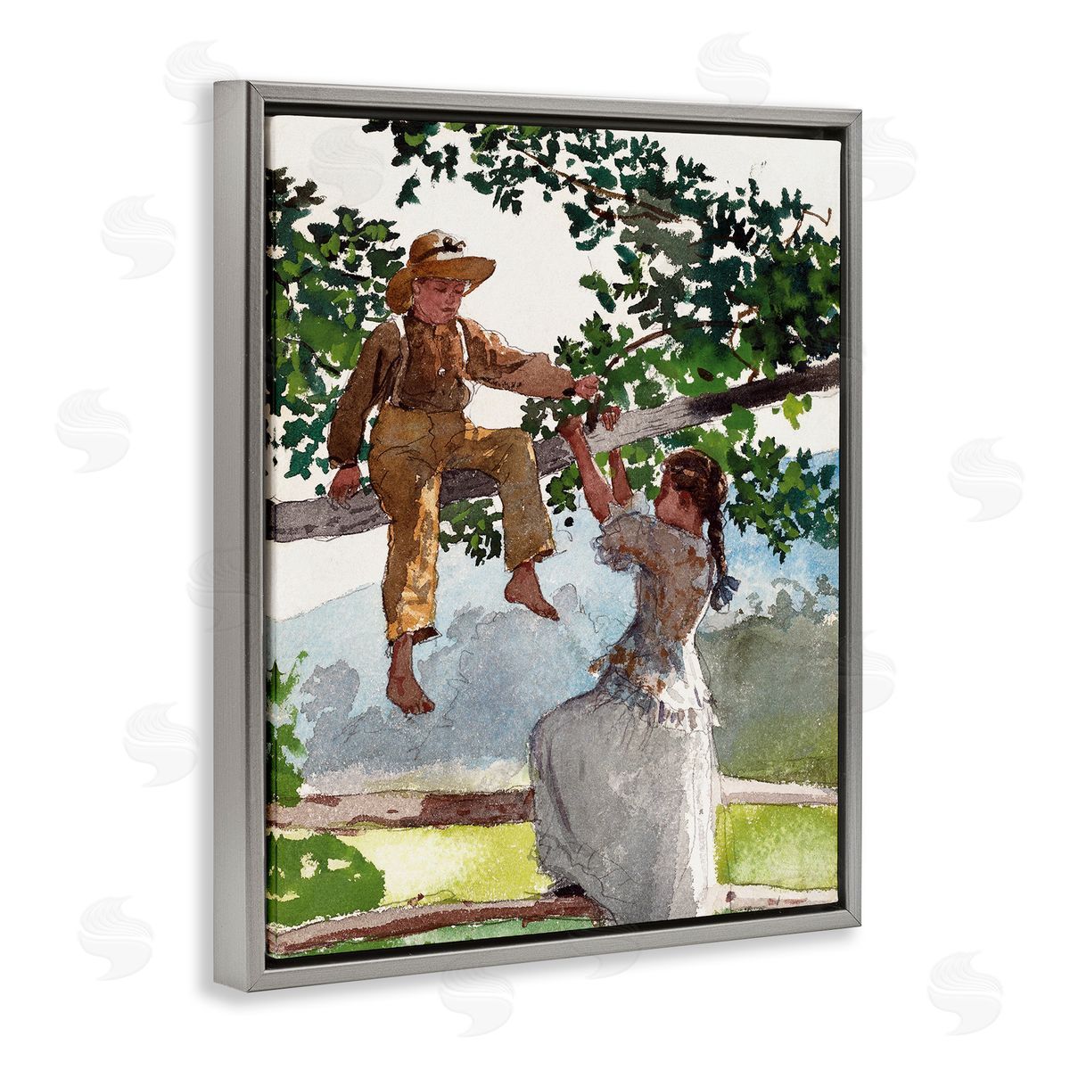 Lettered and Lined Children Playing Climbing Tree Traditional Clothing Gray Floating Frame Canvas Wall Art Print