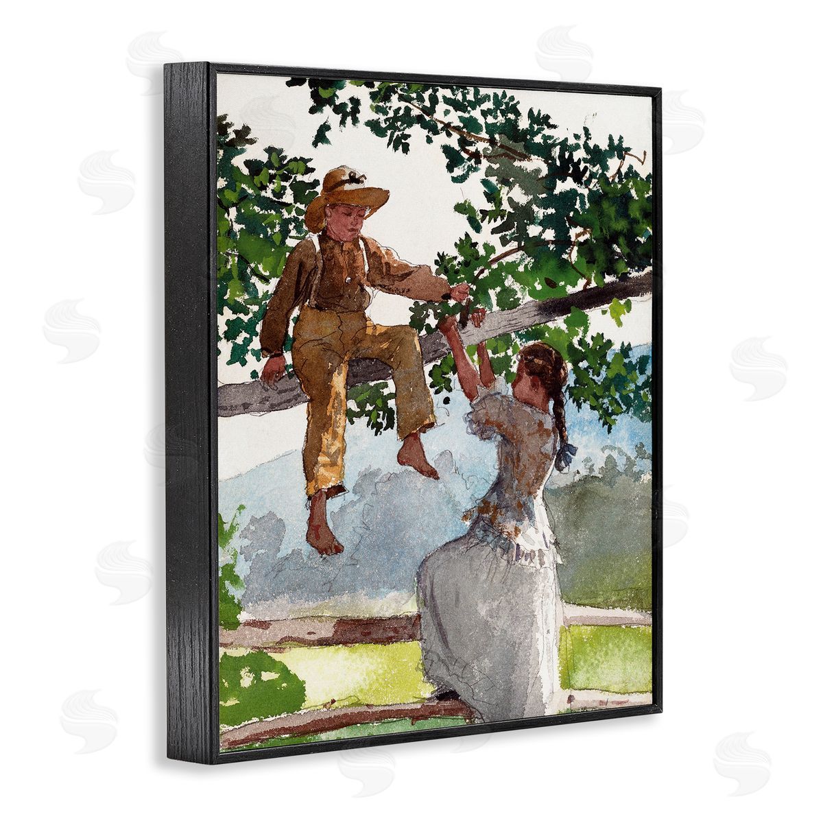 Lettered and Lined Children Playing Climbing Tree Traditional Clothing Black Framed Giclee Wall Art Print