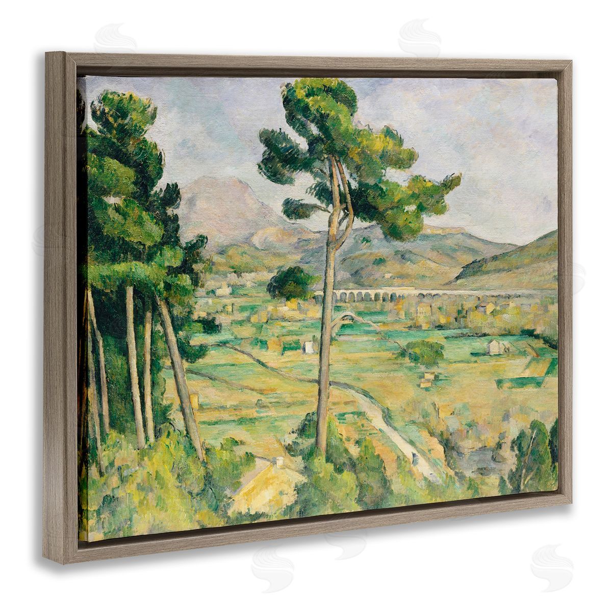Lettered and Lined Rural Green Scenery Distant Bridge Mountain Trees Brown Floating Frame Canvas Wall Art Print