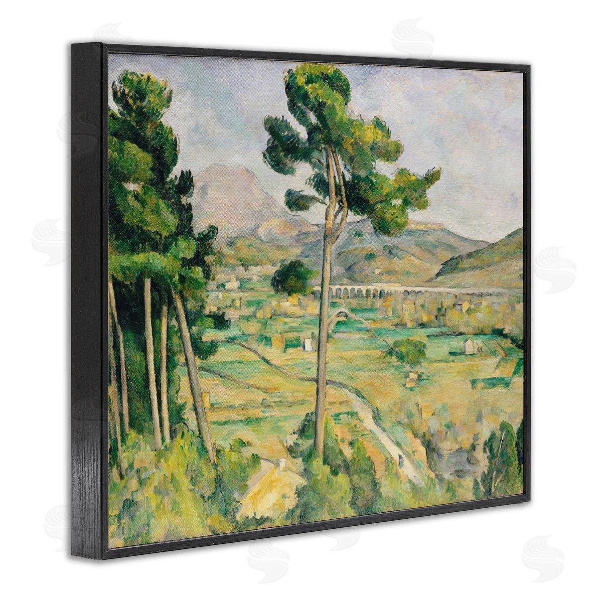 Lettered and Lined Rural Green Scenery Distant Bridge Mountain Trees Black Framed Giclee Wall Art Print