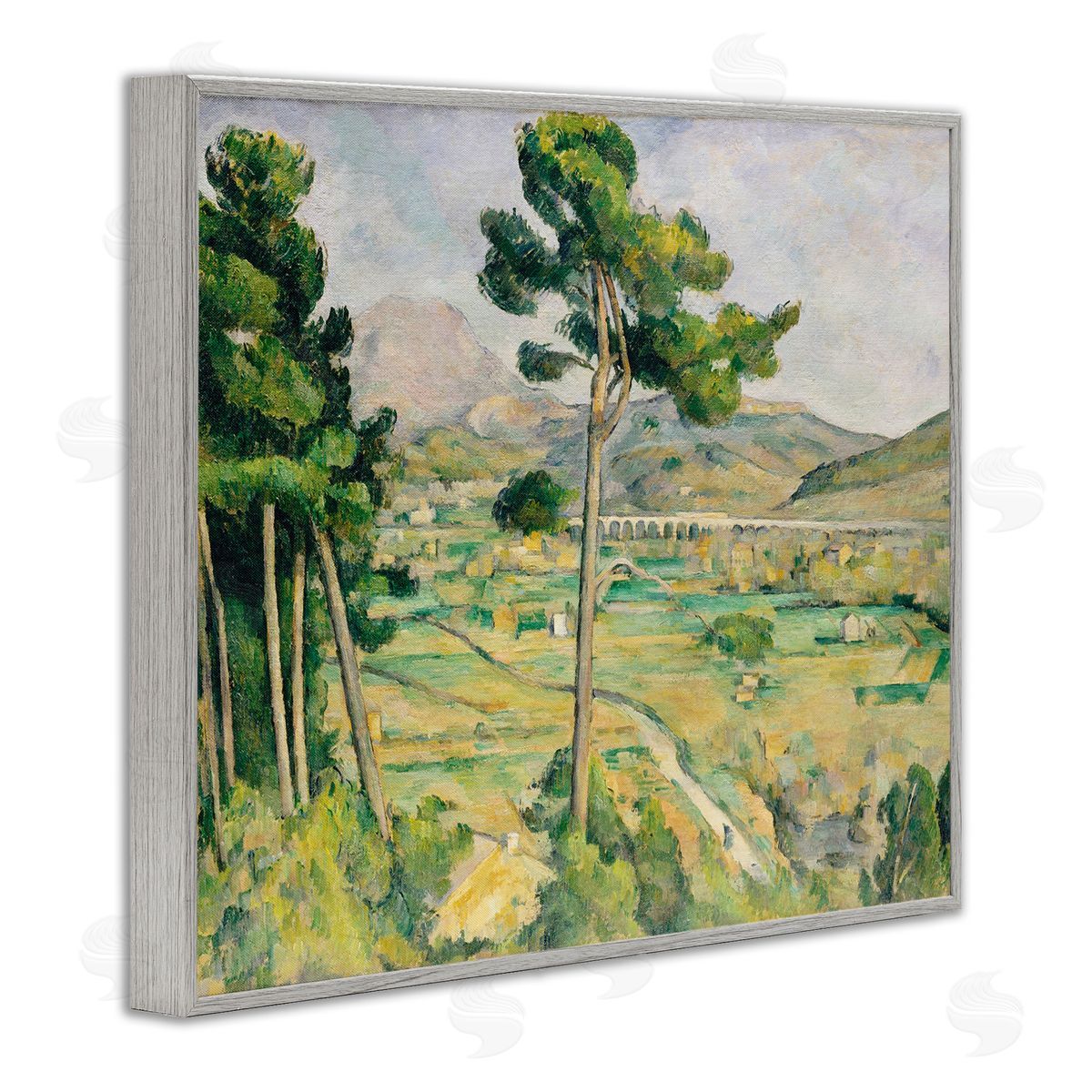 Lettered and Lined Rural Green Scenery Distant Bridge Mountain Trees Gray Framed Giclee Wall Art Print