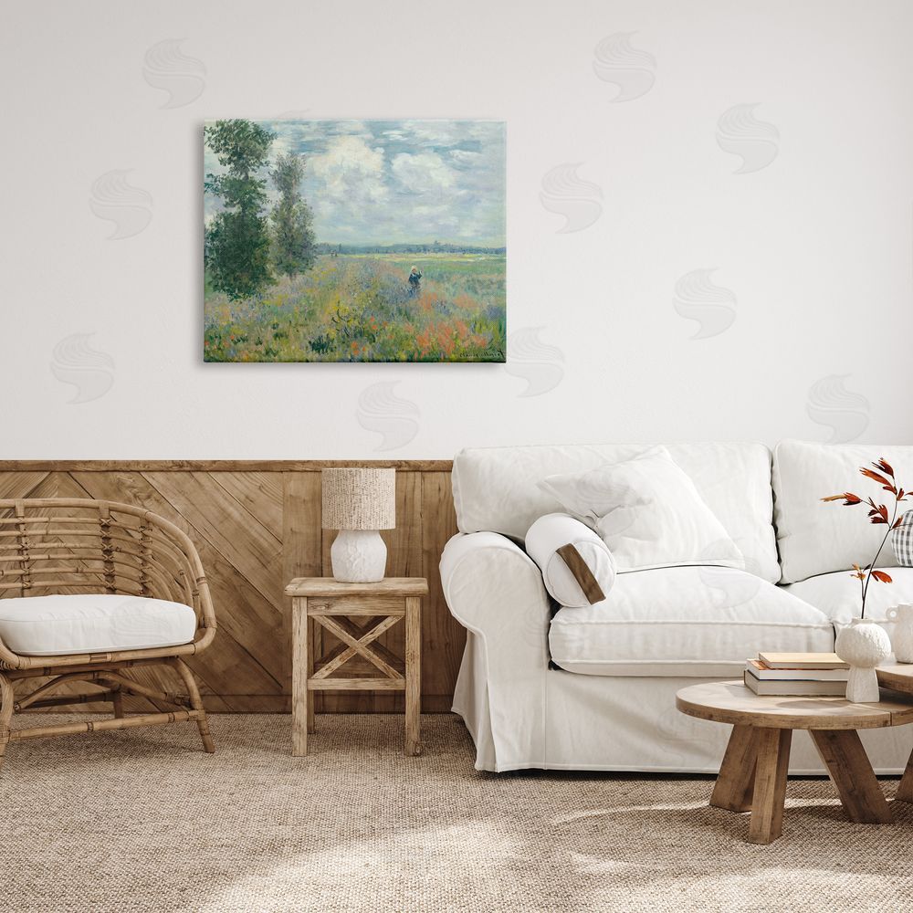 Lettered and Lined Lone Person Floral Blossom Meadow Quaint Scene Canvas Wall Art Print in Room