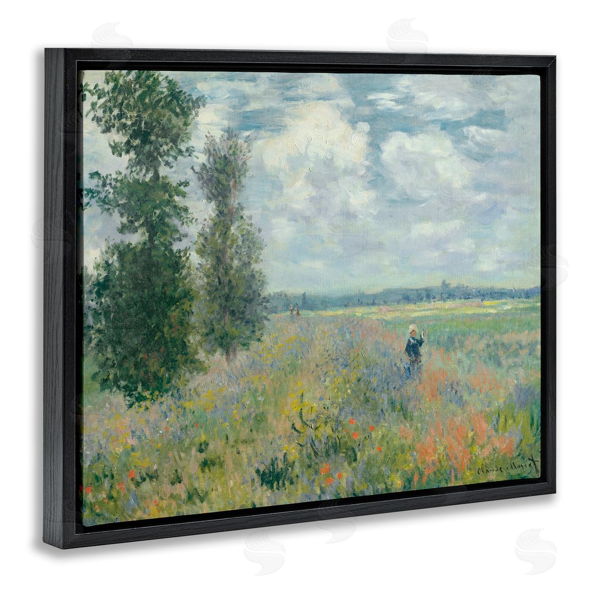 Lettered and Lined Lone Person Floral Blossom Meadow Quaint Scene Black Floating Frame Canvas Wall Art Print