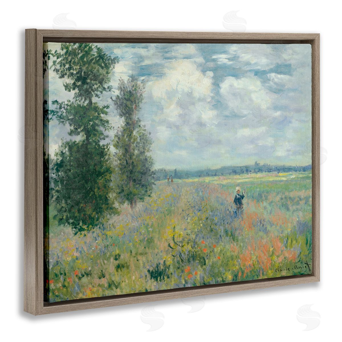 Lettered and Lined Lone Person Floral Blossom Meadow Quaint Scene Brown Floating Frame Canvas Wall Art Print