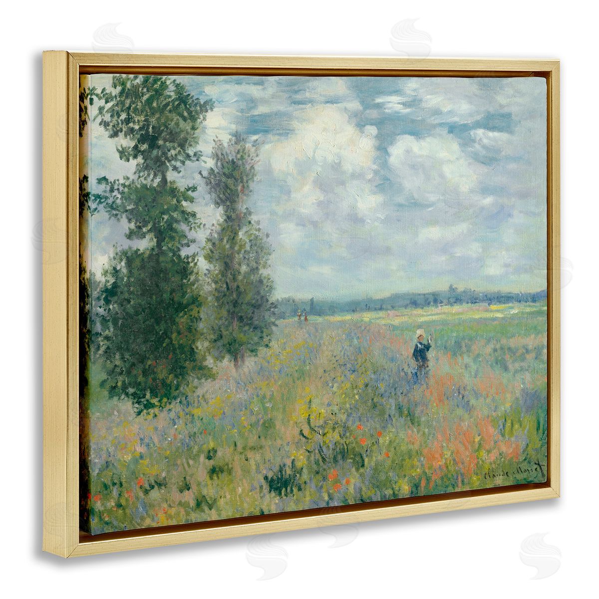 Lettered and Lined Lone Person Floral Blossom Meadow Quaint Scene Gold Floating Frame Canvas Wall Art Print