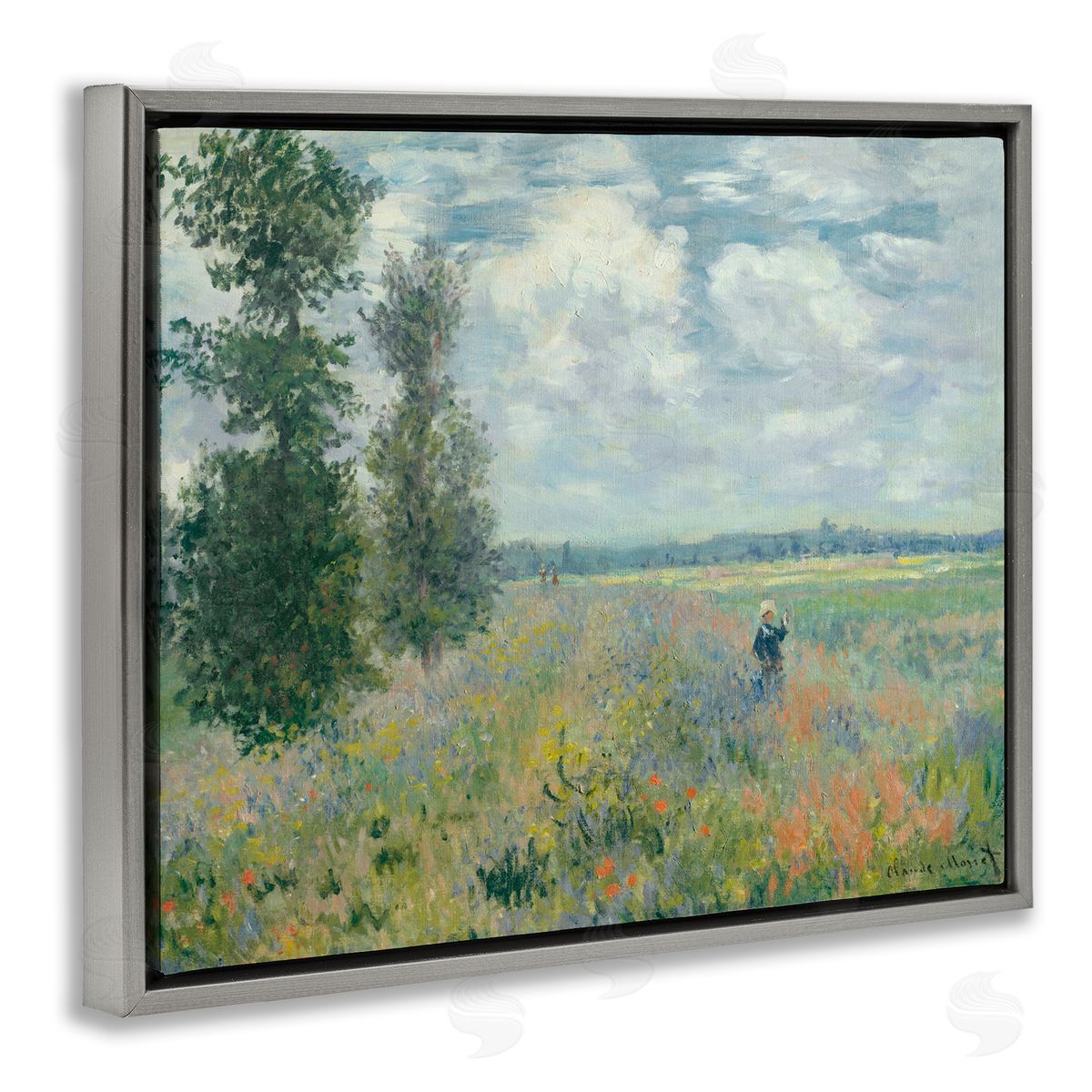 Lettered and Lined Lone Person Floral Blossom Meadow Quaint Scene Gray Floating Frame Canvas Wall Art Print