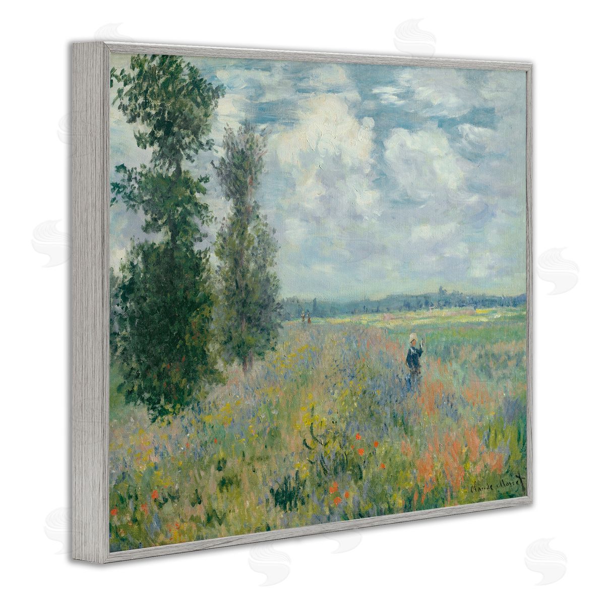 Lettered and Lined Lone Person Floral Blossom Meadow Quaint Scene Gray Framed Giclee Wall Art Print