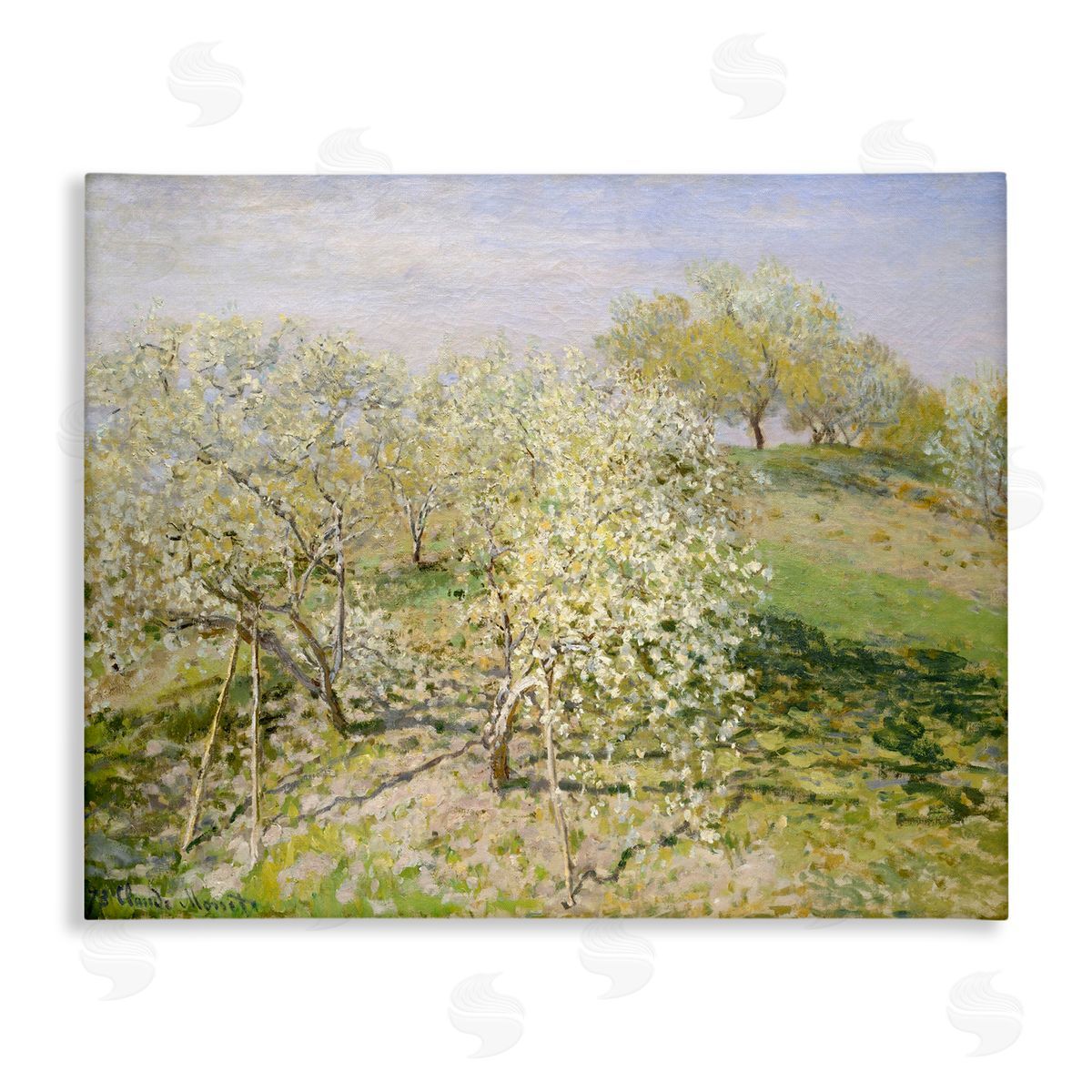 Lettered and Lined White Blossom Tree Orchard Field Impressionist Brushstrokes Stretched Canvas Wall Art Print