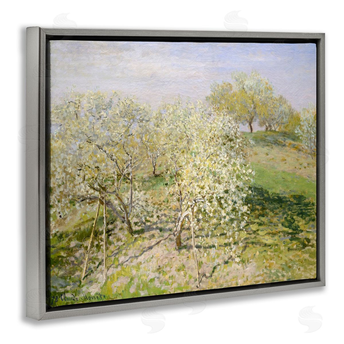 Lettered and Lined White Blossom Tree Orchard Field Impressionist Brushstrokes Gray Floating Frame Canvas Wall Art Print