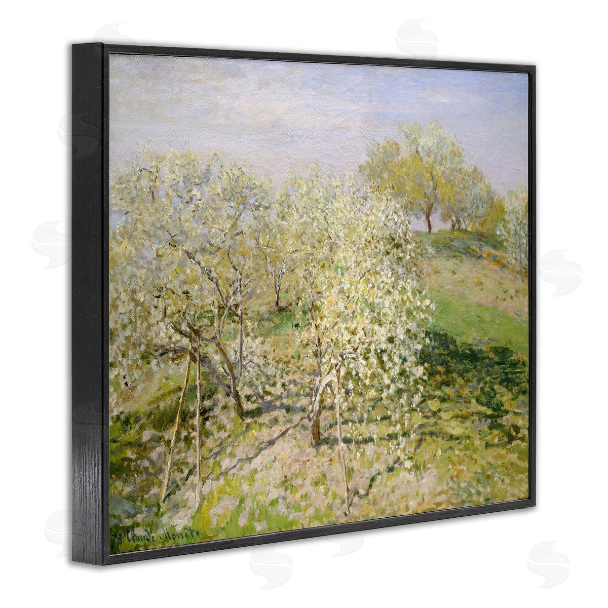 Lettered and Lined White Blossom Tree Orchard Field Impressionist Brushstrokes Black Framed Giclee Wall Art Print