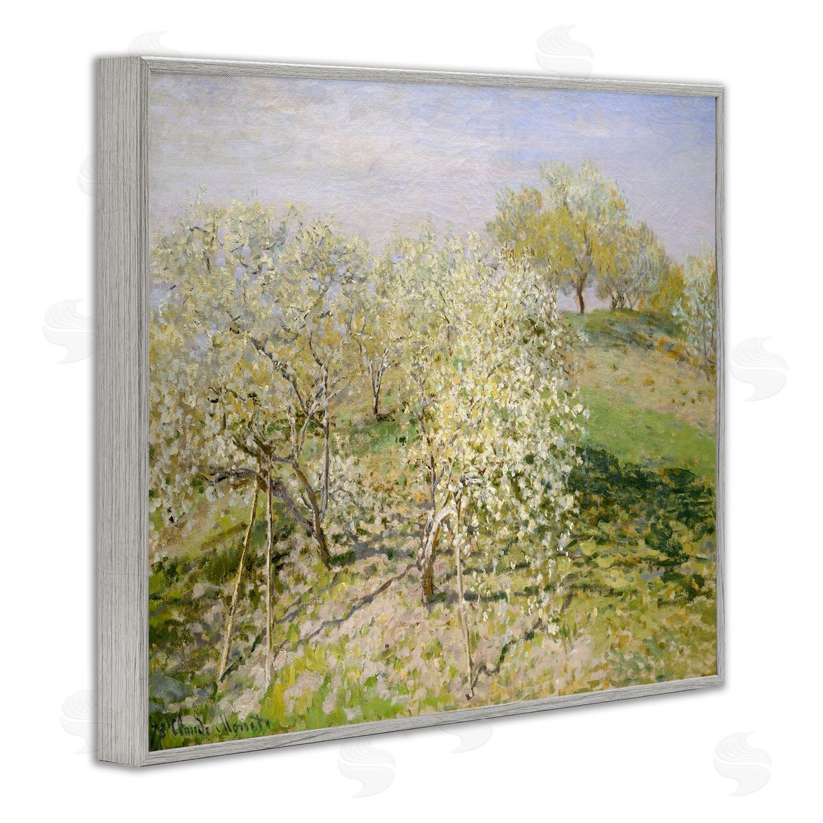 Lettered and Lined White Blossom Tree Orchard Field Impressionist Brushstrokes Gray Framed Giclee Wall Art Print