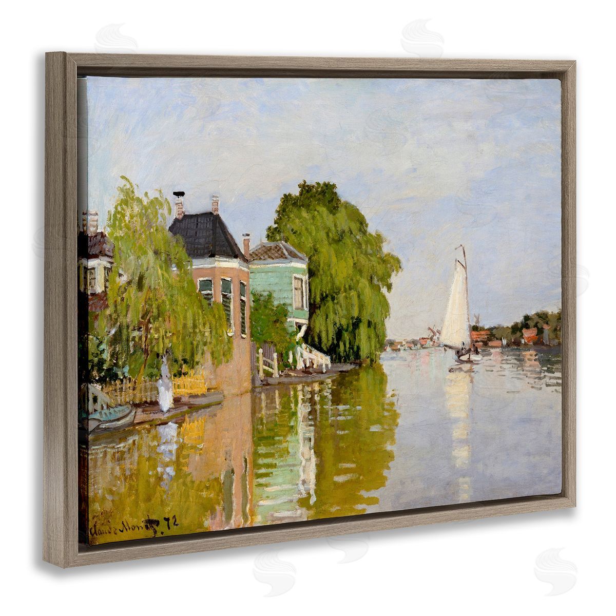 Lettered and Lined City Town Along Water Canal Sailboats Reflection Brown Floating Frame Canvas Wall Art Print