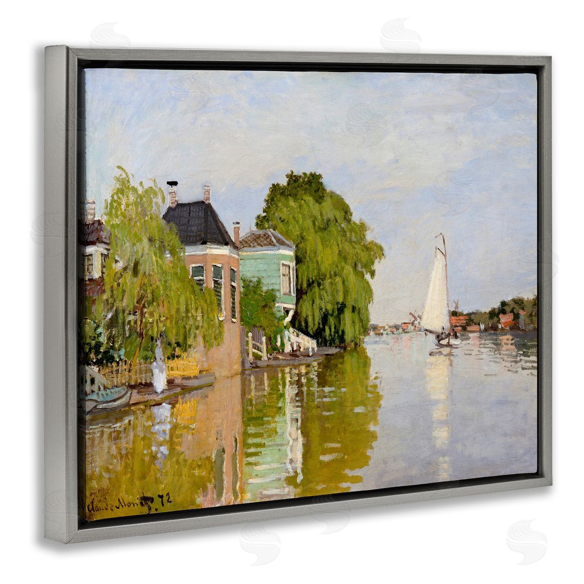 Lettered and Lined City Town Along Water Canal Sailboats Reflection Gray Floating Frame Canvas Wall Art Print