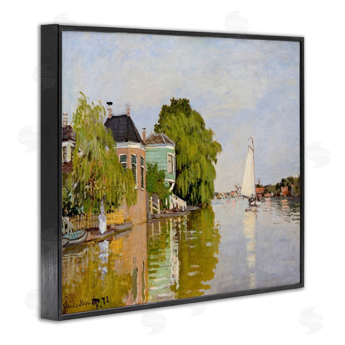 Lettered and Lined City Town Along Water Canal Sailboats Reflection Black Framed Giclee Wall Art Print