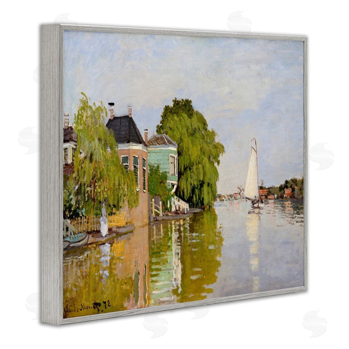 Lettered and Lined City Town Along Water Canal Sailboats Reflection Gray Framed Giclee Wall Art Print