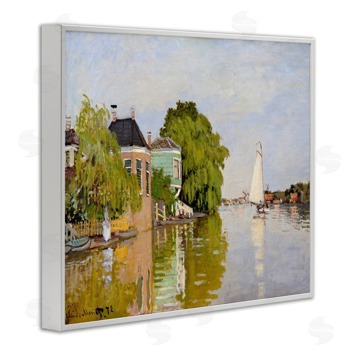 Lettered and Lined City Town Along Water Canal Sailboats Reflection White Framed Giclee Wall Art Print