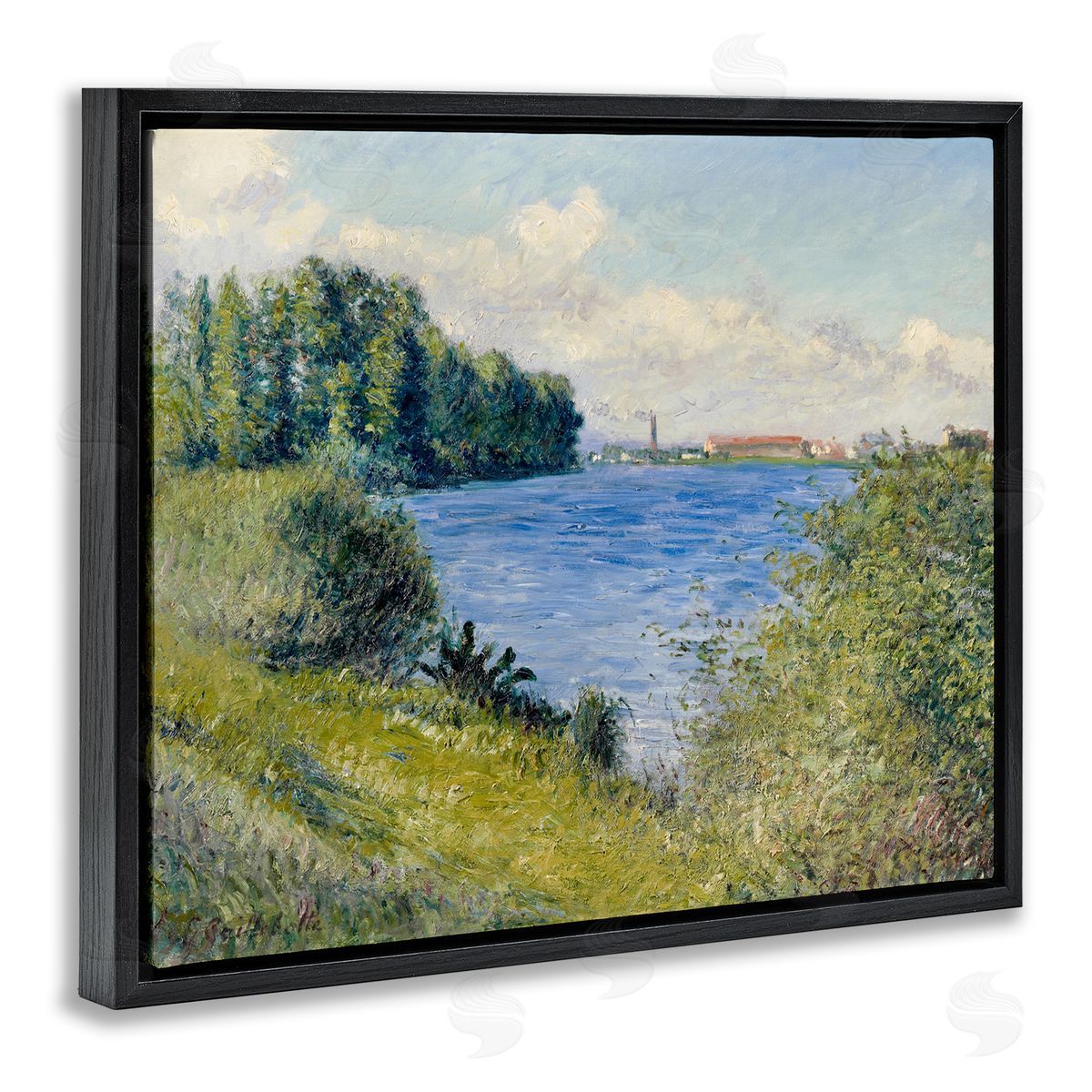 Lettered and Lined Clear Blue Water Seaside Rural Grassland Trees Black Floating Frame Canvas Wall Art Print